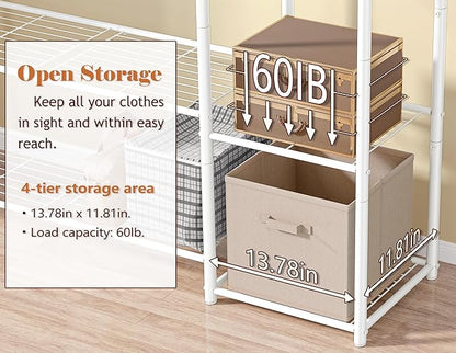 Wardrobe Closet,Portable Clothes Rack with 4 Tiers Shelves,Freestanding Closet Organizers and Storage System with Hanging Rods,Steel Clothing Rack Suitable for Cloakrooms,Bedrooms,Entrances,etc.White