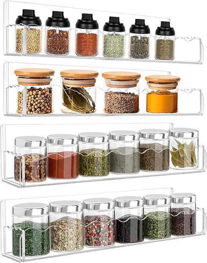 12 inch Spice Rack Wall Mounted,4 Pack Spice Organizer Shelf for Stove Cabinet Pantry Door, Adhesive or Screw Hanging Wall Spice Shelf Storage Holder in Kitchen and RV - Clear Color