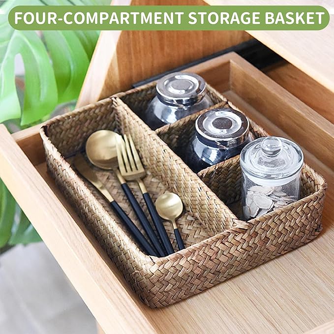Wicker Baskets 4-Section Tea Bag/Sugar Packet Holder,Seagrass Woven Compartment Organizer,Storage Rattan Divided Basket,Office-Desk Baskets for Shelves,Pantry,Coffee Organizer,Countertops-Brown