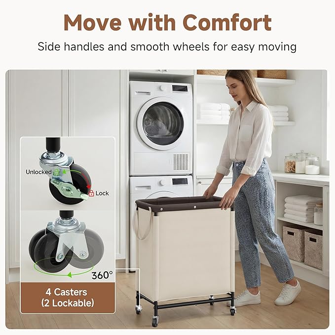 StorageWorks 2 Section Laundry Hamper, Rolling Laundry Cart with Wheels and Handles, Laundry Room Double Sorter for Organizer and Storage, 26.4 Gal(100L), Beige