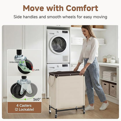 StorageWorks 2 Section Laundry Hamper, Rolling Laundry Cart with Wheels and Handles, Laundry Room Double Sorter for Organizer and Storage, 26.4 Gal(100L), Beige