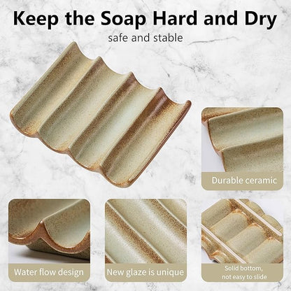 Soap Dish with Drainage, Ceramic Soap Bar Holder Tray for Shower Decorative Square Soap Saver for Bathroom Sink, Kitchen and Countertop White, Retro Green 1 Pcs