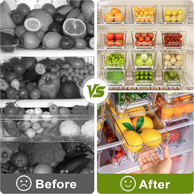 Imncya Fridge Organizer Bins, Clear Stackable Pull Out Fridge Drawer Organizer, Refrigerator Organizers and Storage Container for Fruits, Vegetables, Drinks, Food ( 2 Pack Clear)