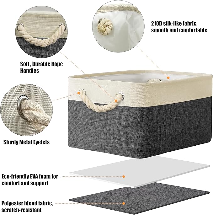 Simple Houseware 15.7" x 12" Wide & Low Fabric Storage Bin for Shallow Gaps and Closet, Braided Handles, 3 Pack, Dark Gray