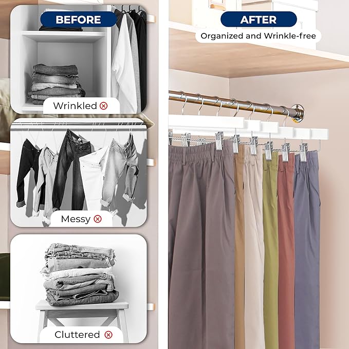 SereneLife 10 Pack Skirt and Pant Hanger with Adjustable Non-Slip Steel Clips, Premium Wooden, 360° Swivel Hook & 10 lb Capacity – Space-Saving Heavy-Duty Hangers for Jeans, Shorts & Slacks (White)