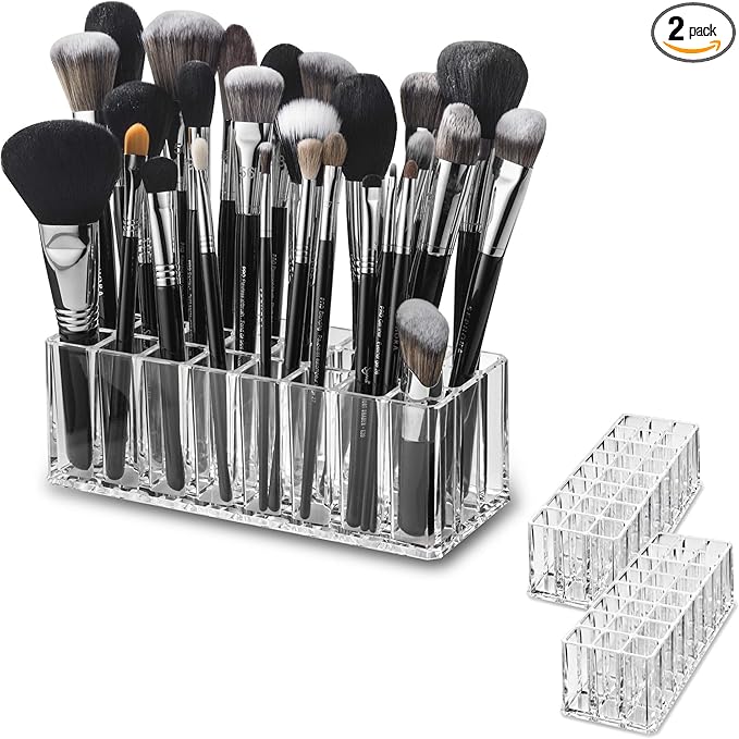 (Set Of 2) Acrylic Makeup Brush Organizer 24 Space Storage w/Deep Slots For Cosmetic Beauty Brushes Refillable Container - Clear