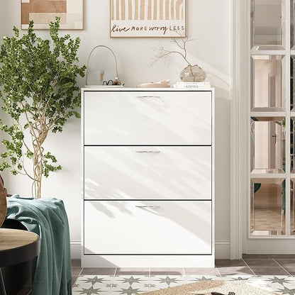 AGOTENI Shoe Cabinet with 3 Flip Drawers, Shoe Storage Organizer with 2-Tier Shelf, Freestanding Shoe Rack for Entryway Hallway, Living Room, White