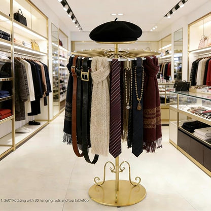 360° Rotating Gold Scarf Display Tie Rack Belt Hanger Holder Shawl Shelf, Adjustable Height Boutique Retail Display Stand Home Organizer for Commercial Clothing Store, Bedroom
