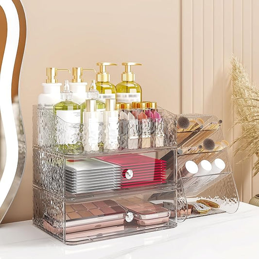 3 Tier Makeup Organizer for Vanity with Brush Holder Countertop Organizer with 2 Drawers Clear Makeup Storage for Brushes, Lipsticks, Face Mask Skin Care Storage Solution for Women & Teens