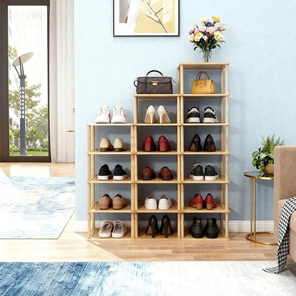 Aniston 5 Tier Small Shoe Rack Bamboo, Free Standing Slim Narrow Shoe Storage, Vertical Tall Shoe Shelf Organiser for Garage, Closet, Doorway, Corner, Living Room Small Spaces