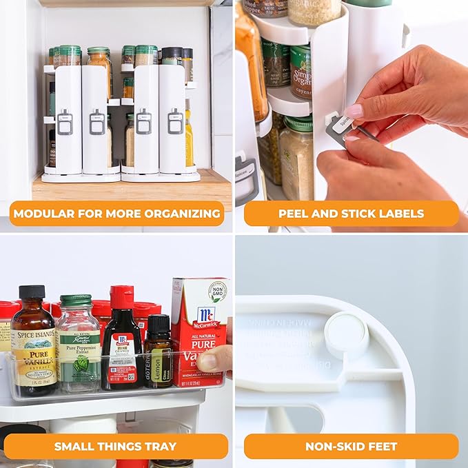 Cabinet Caddy SNAP! Spice Rack Organizer for Cabinet - Slide & Rotate Seasoning Organizer - 4 Snap-In Adjustable Shelves for 5 Tier of Storage - Magnetic Modular Design - 8.9”H x 6.1”W x 10.8”D