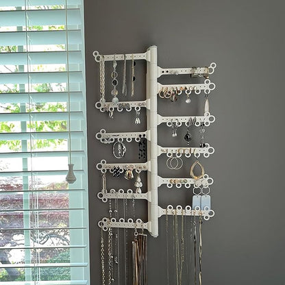 AllHungUp 12-Tier Wall Jewelry Organizer Wall Mounted Jewelry Organizer Necklace Holder Wall Mount Hanging Necklace Organizer Jewelry Hanger Wall Mounted Earring Holder Display Earring Organizer White