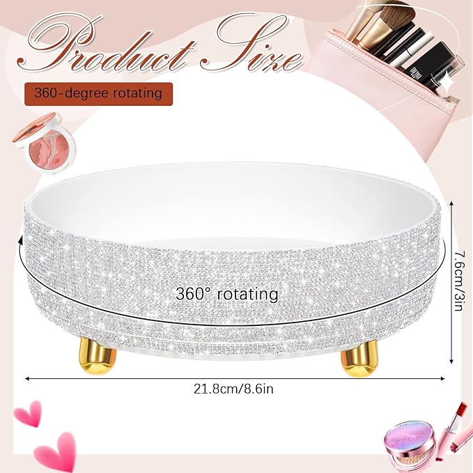 Honeydak Bling Perfume Makeup Organizer Bling Valentine's Day Mother's Day Gifts for Women Bathroom Organizers and Storage 360 Rotating Makeup Organizer for Countertop (White,Rhinestone)