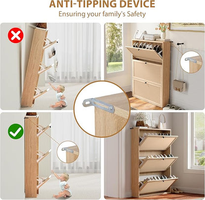 AVZEAR Narrow Shoe Storage Cabinet for Entryway with Natural Linen Panel, Freestanding Slim Shoe Cabinet with 3 Flip Drawers, Wood Shoe Organizer Closed Shoe Rack for Hallway, Living Room(Natural)
