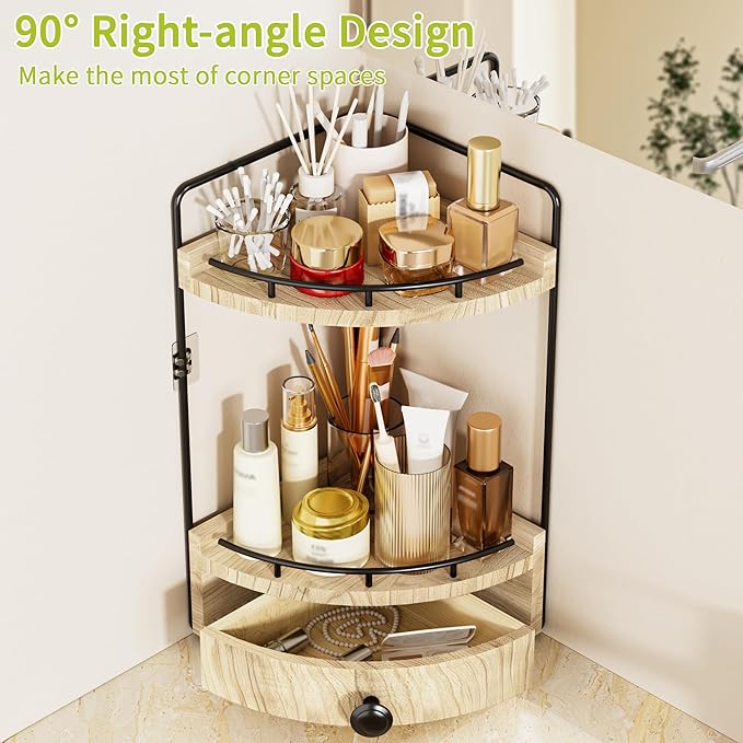 2-Tier Corner Bathroom Counter Organizer with Drawer & Embedded Screw Holes - Wooden Countertop Organizers for Skincare, Makeup Storage, Bathroom Sink Counter Shelf for Vanity, Kitchen, Wood color