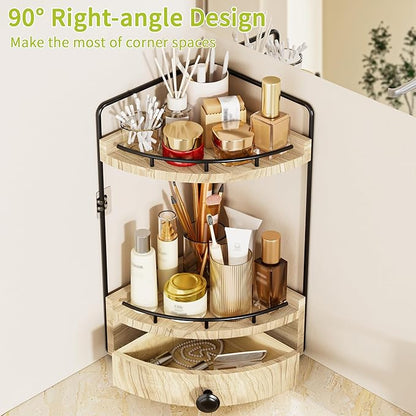 2-Tier Corner Bathroom Counter Organizer with Drawer & Embedded Screw Holes - Wooden Countertop Organizers for Skincare, Makeup Storage, Bathroom Sink Counter Shelf for Vanity, Kitchen, Wood color