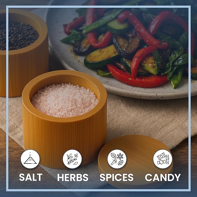 Bamboo Salt Containers with Magnetic Swivel Lids – 4Pcs Round Wooden Spice Storage Containers for Salt, Herbs, Flaky Salt & Seasonings Kitchen Countertop Storage