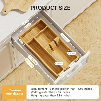 Yofidra Bamboo Silverware Organizer, 12.6 x 6.97 x 1.96 Inches Kitchen Utensil Drawer Organizer, Silverware Tray for Drawer with Fixed Slots for Spoons, Forks & Knives, Natural