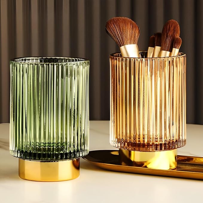Makeup Brush Holder Organizer, Heavy Crystal Glass Brush Storage Holder, Vintage Cosmetic Make Up Bathroom Brushes Cup Pen Pencil Toothbrush Holder Striped Vase (S+L (green))