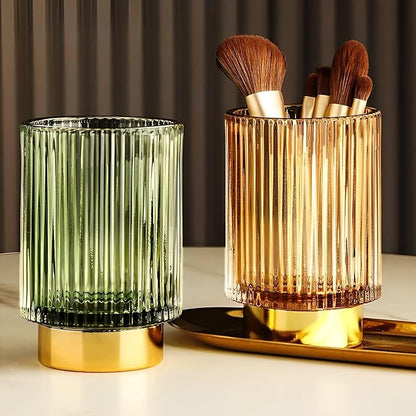 Makeup Brush Holder Organizer, Heavy Crystal Glass Brush Storage Holder, Vintage Cosmetic Make Up Bathroom Brushes Cup Pen Pencil Toothbrush Holder Striped Vase (S+L (green))