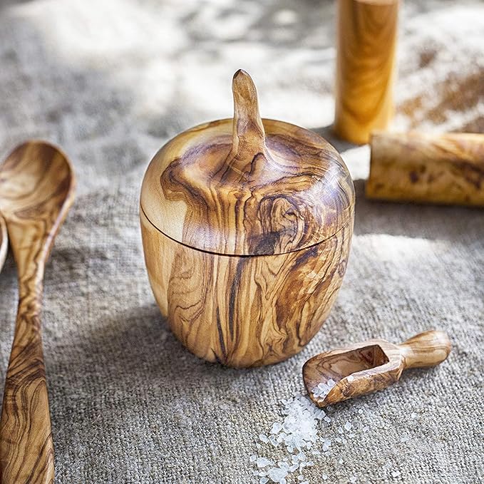 Forest Decor Wooden Salt Box with Scoop - Wood Salt Cellar with Lid - Handmade Spice Holder - Salt Keeper Spice Storage Box - Eco-friendly Bath Salt Container - Olive Wood Pepper Bowls & Spice Jars