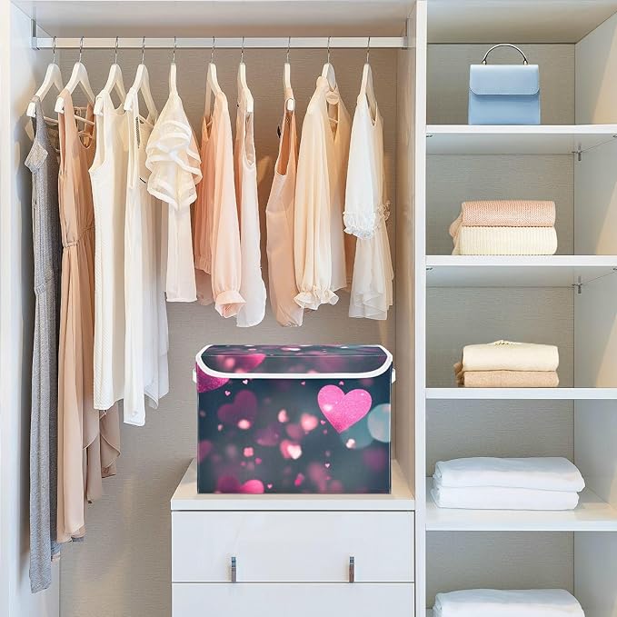 senya Valentines Baskets Collapsible Storage Bins with Lids, Love Hearts Romantic Storage Boxes Clothes Baskets for Organizing