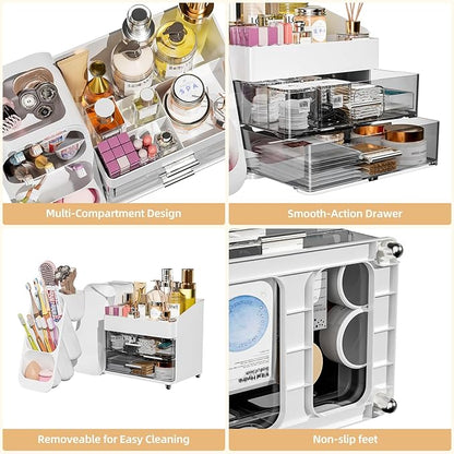 Makeup Organizer with Drawers for Vanity Bathroom Counter Organizers and Storage, Large Skincare Organizer with Brush Toothbrush Holder for Perfume, Nail Polish, Dresser, Office Supplies, White