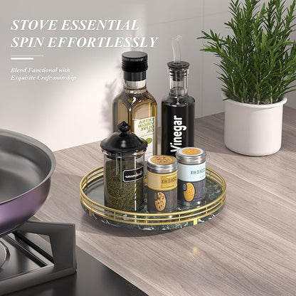 Green Marble Lazy Susan Turntable for Table Top – 10” Round Marble Tray Organizer for Dining Table, Kitchen Countertop & Bar, Luxury Stone Serving Tray with Gold Frame
