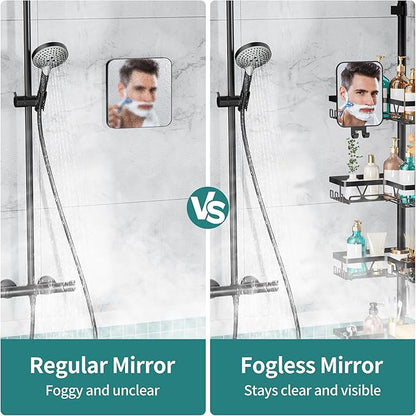 KEGII Shower Caddy Tension Pole - Adjustable Rustproof Corner Bathroom Organizer with Fogless Shower Mirror, 25–114.2 Inch No-Drill Bathroom Storage, Black