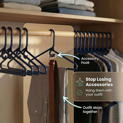 DEILSY™ Navy Heavy Duty Hangers with Hooks for Scarves & Belts – Thick and Strong Clothes Hangers for Shirts, Jackets, Pants, and Dresses – Space-Saving Plastic Hangers – Pack of 10
