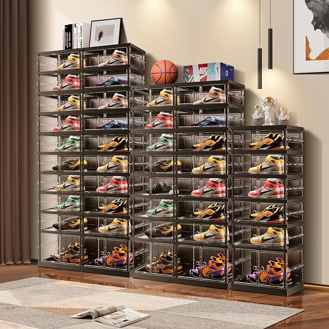 EHAMILY 8 Tiers 8-16 Pairs Foldable Shoe Boxes Small Plastic Shoe Storage Rack Collapsible Shoe Organizer for Closet Shoe Shelf Clear Stackable Quick Assembly Storage Cabinet with Doors Black