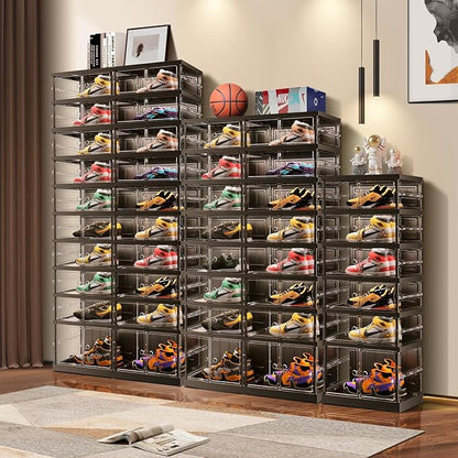 EHAMILY 8 Tiers 8-16 Pairs Foldable Shoe Boxes Small Plastic Shoe Storage Rack Collapsible Shoe Organizer for Closet Shoe Shelf Clear Stackable Quick Assembly Storage Cabinet with Doors Black