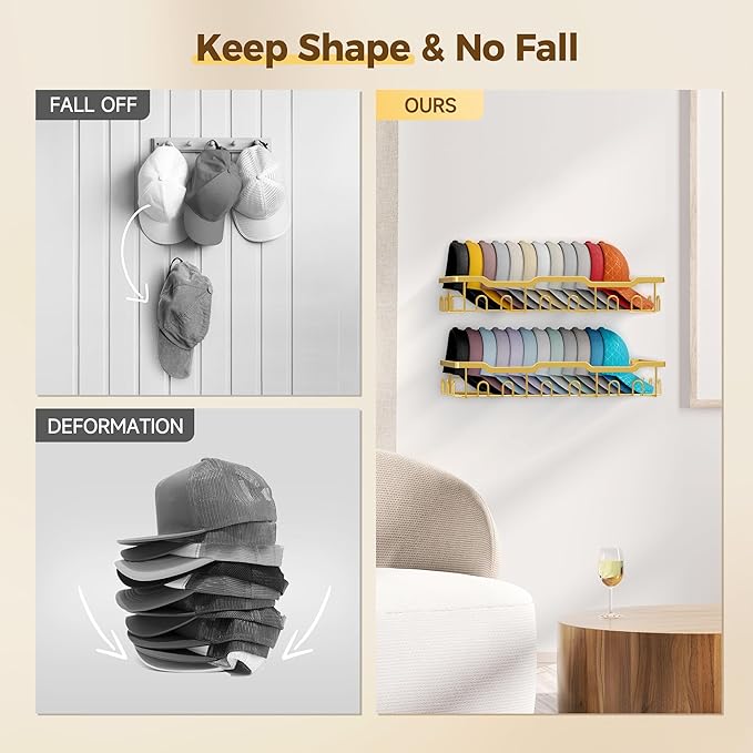 Nicetree Hat Racks for Baseball Caps Wall - Metal Hat Organizer for 48 Baseball Caps Holder, 2 Pack Hat Storage Organizer for Closet, Bedroom, Living Room Gold