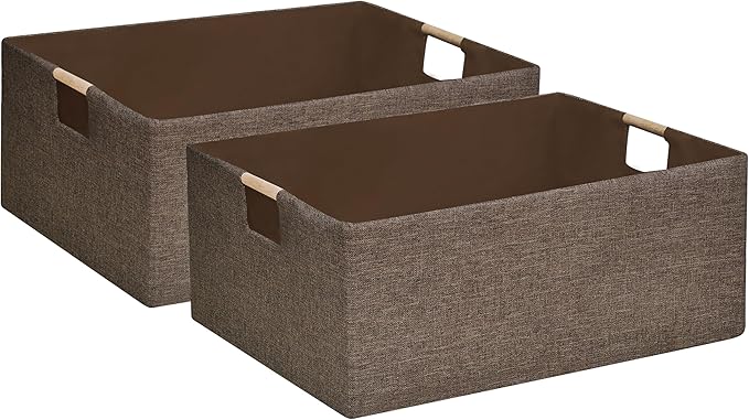 Collapsible Storage Box 16.9"x12.5"x7" with Wooden Handles | Foldable Organizer for Closet, Shelves, Toys & Cosmetics | Durable Linen-Polyester Fabric | Space-Saving Home Organization 2Pack