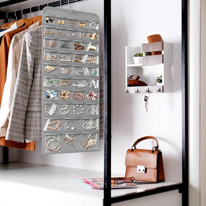 Simple Houseware Hanging Jewelry Storage Organizer, 80-Pocket with 5 Sizes for All Types of Accessories, Gray