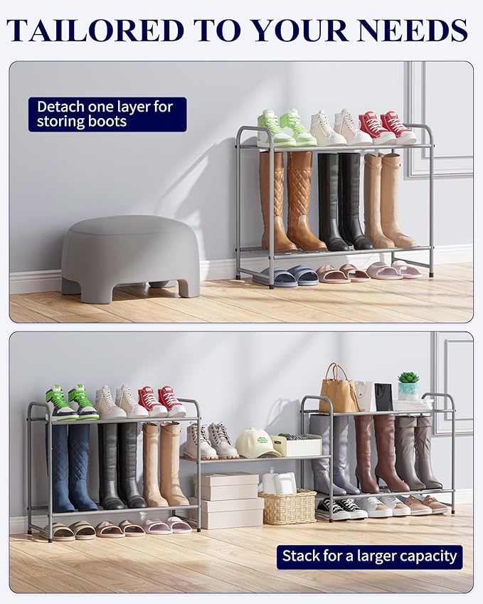 Kitsure Shoe Rack - Stainless Steel Shoe Organizer, Sturdy Shoe Rack for Closet and Front Door Entrance, Free Standing Shoe Shelf, Closet Organizers and Storage, 25.6" Wide - 3 Tier, Grey