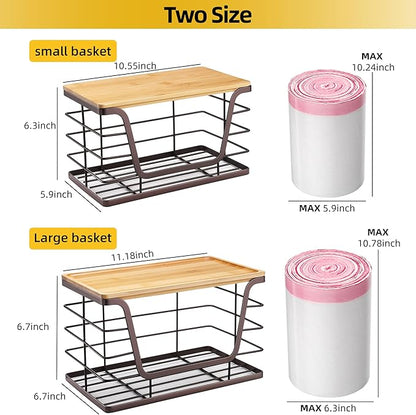ALOCEO 2 Pack Stackable Wire Storage Basket with Bamboo Lip, Trash Bag Dispenser Under Sink for 4-13 Gal Bags, Kitchen Storage Bins for Potato and Onion, Brown