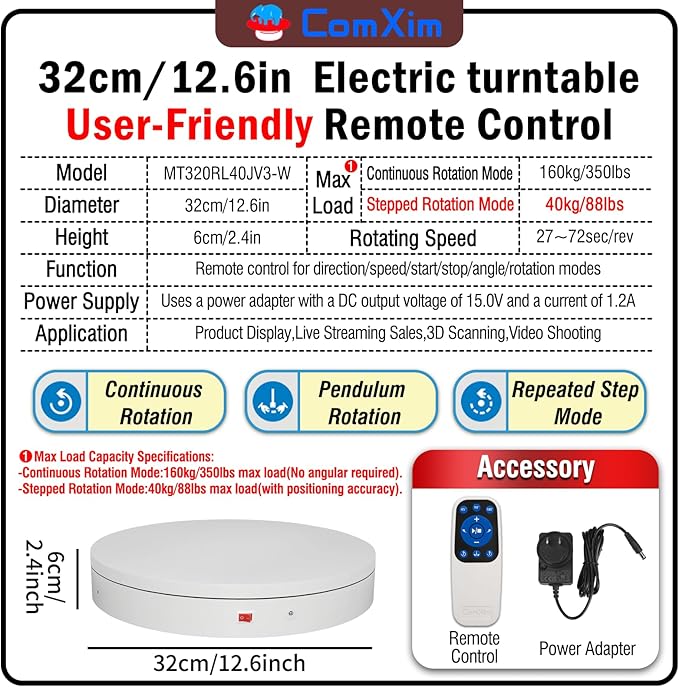 12.6Inch/350lbs Capacity Large Rotating Platform,Remote Rotating Display Stand ,Electric Motorized Turntable,Photography Turntable,Heavy Duty Rotating Platform for Photography,3D Scanner,Exhibition
