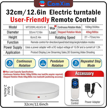 12.6Inch/350lbs Capacity Large Rotating Platform,Remote Rotating Display Stand ,Electric Motorized Turntable,Photography Turntable,Heavy Duty Rotating Platform for Photography,3D Scanner,Exhibition