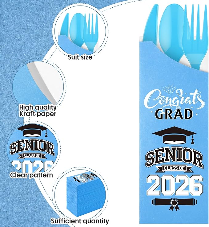 Funnymoom 400 Pcs 2026 Graduation Wrapped Silverware Bags Holder - Disposable Dinnerware Set Includes Plastic Spoons Knives and Forks, Class of 2026 Parties School Congrats Supplies(Blue)