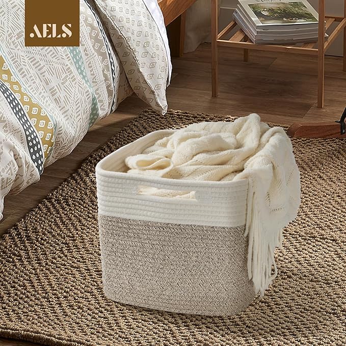 AELS Hand Woven Cotton Baskets for Storage, Cube Storage Bins with Handles, Foldable Collapsible Closet Organizers and Storage, Boho Farmhouse Storage Cubes for Shelves, Beige & Mixed Brown