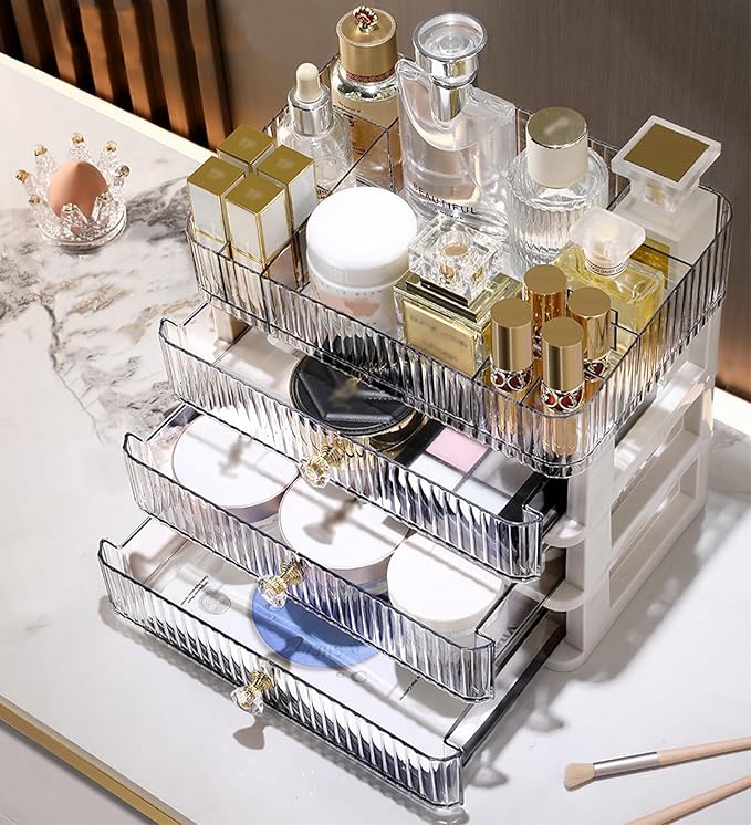 Makeup Organizer with 3 Drawers, Clear Bathroom Counter Organizer, Skincare Organizer for Vanity Countertop, Cosmetic Display Case, Ideal Choice for Storing Lipsticks, Nail Polishes, Perfumes