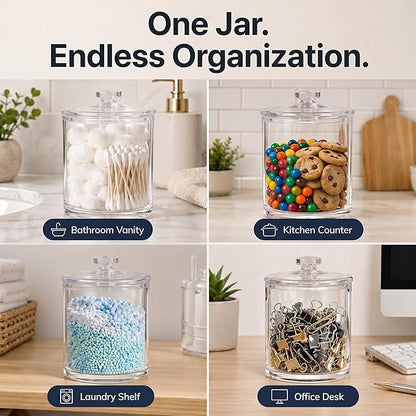 ForPro Clear Acrylic Apothecary Jar with Lid, 60 Oz Shatterproof Bathroom Vanity Organizer, Cotton Ball Holder, Qtip Storage Container Canister for Kitchen, Laundry, Office Decor, 7.75" x 5"
