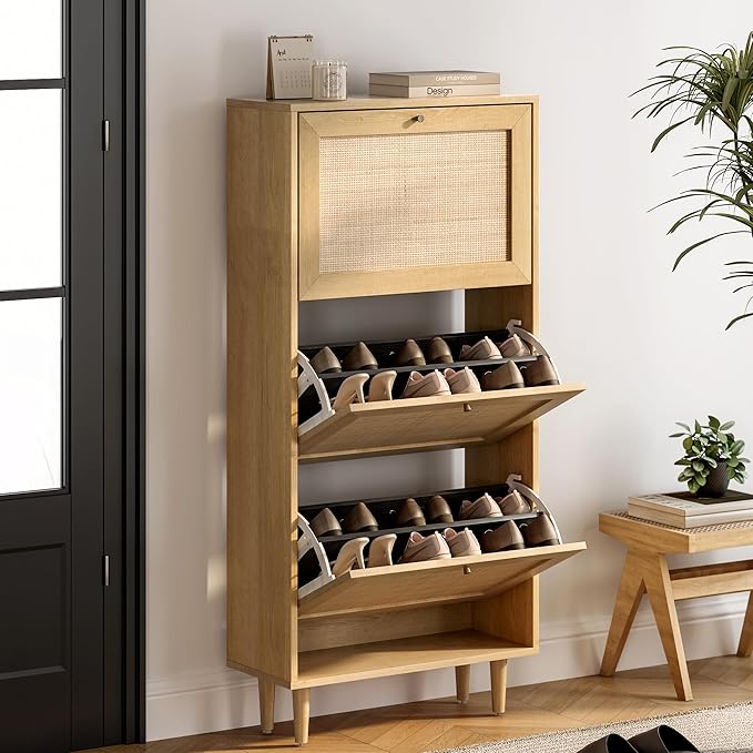 Narrow Shoe Cabinet with 3 Flip Drawers Hidden Freestanding Shoe Rack with Rattan Doors Wooden Shoe Storage Cabinet with Solid Wood Legs for Entryway Slim Hallway Apartment， Natural Oak