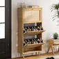 Narrow Shoe Cabinet with 3 Flip Drawers Hidden Freestanding Shoe Rack with Rattan Doors Wooden Shoe Storage Cabinet with Solid Wood Legs for Entryway Slim Hallway Apartment， Natural Oak