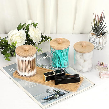 Qtip Holder with Vanity Tray Clear Cotton Ball Holder Cotton Swab Dispenser Bathroom Storage Canister with Lid Qtip Dispenser for Bathroom Office,3 Pcs