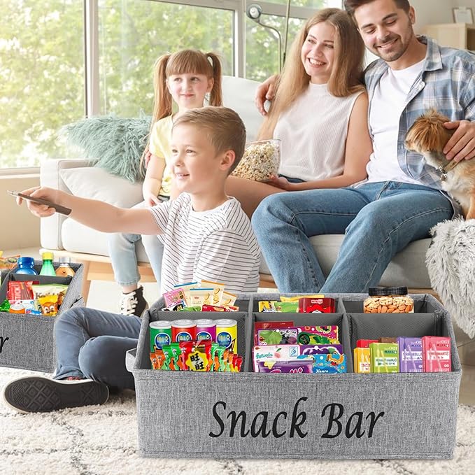 Snack Organizer for Countertop, 6 Compartment Snack Bin with Side Handles, 2 Pack Fabric Snack Basket Container, Lightweight Snack Bar Station Organizer, Kitchen Pantry Storage - Gray