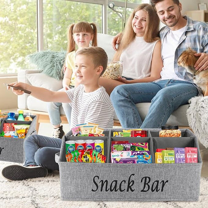 Snack Organizer for Countertop, 6 Compartment Snack Bin with Side Handles, 2 Pack Fabric Snack Basket Container, Lightweight Snack Bar Station Organizer, Kitchen Pantry Storage - Gray