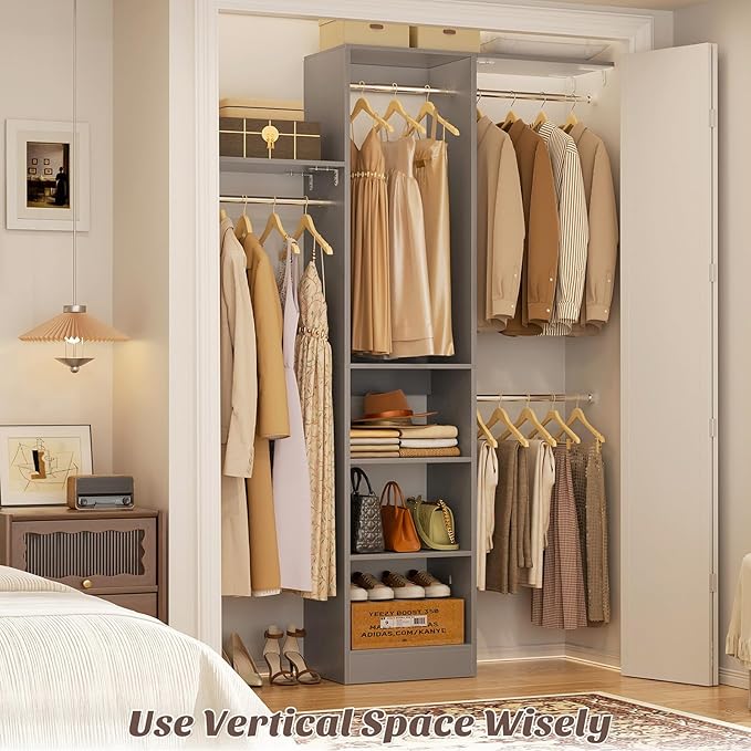 Besiost 48" Closet Organizer System, 4FT Closet System for Small Closets with 4 Hanging Rods & 3 Shelves, 80"H Small Closet Organizers and Storage for Bedrooms, Cloakrooms, Gray