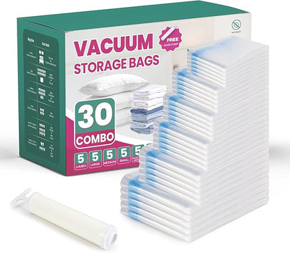 HealSmart Vacuum Storage Bags - 30 Pack Space Saver, Vacuum Sealed for Clothes, Comforters, Blankets, Pillows - Hand Pump Included (5 Jumbo/5 L/5 M/5 S/5 Roll M/5 Roll S)